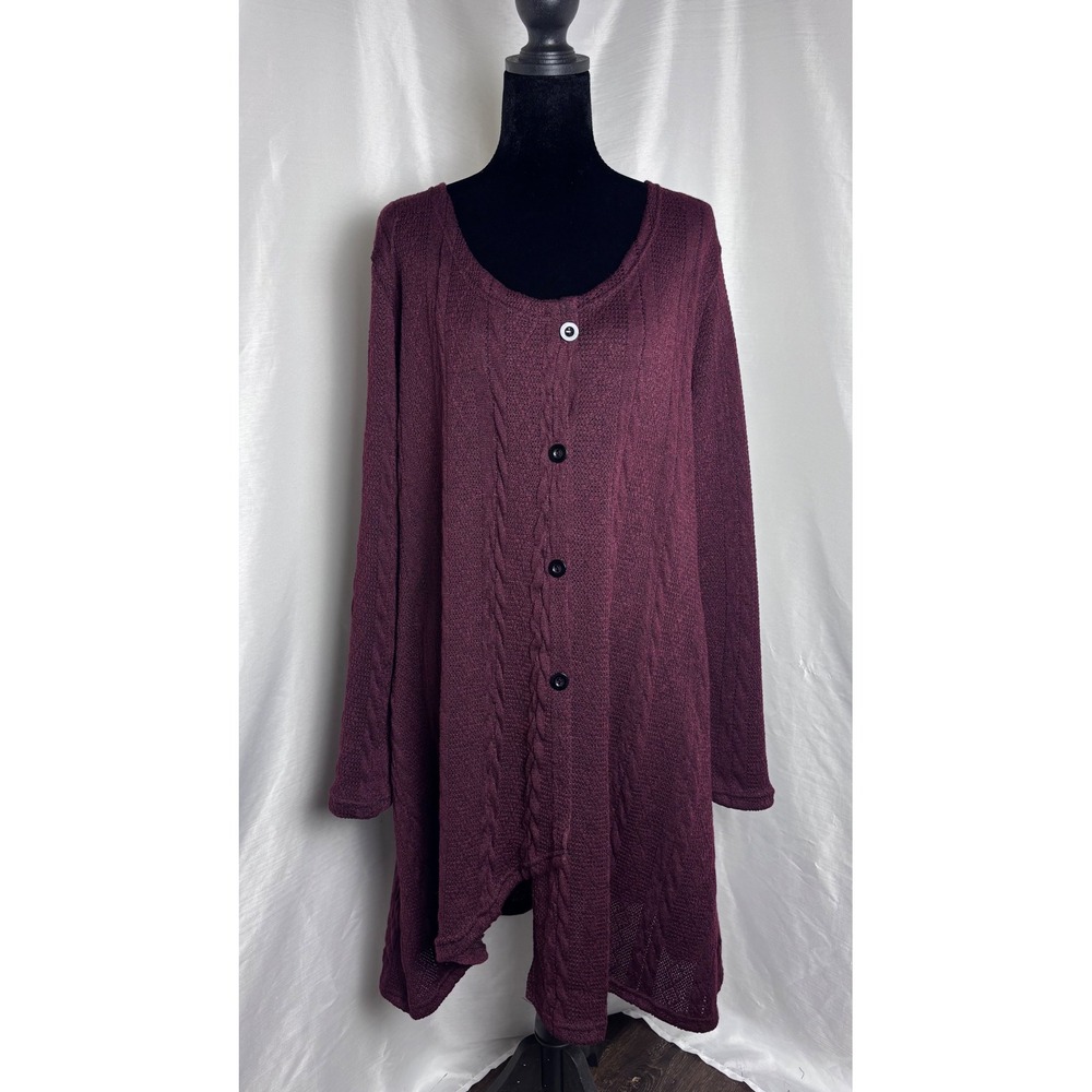 Reborn Tunic Cardigan Women XL Burgundy Good Cable Knit Long Sleeve Scoop Neck